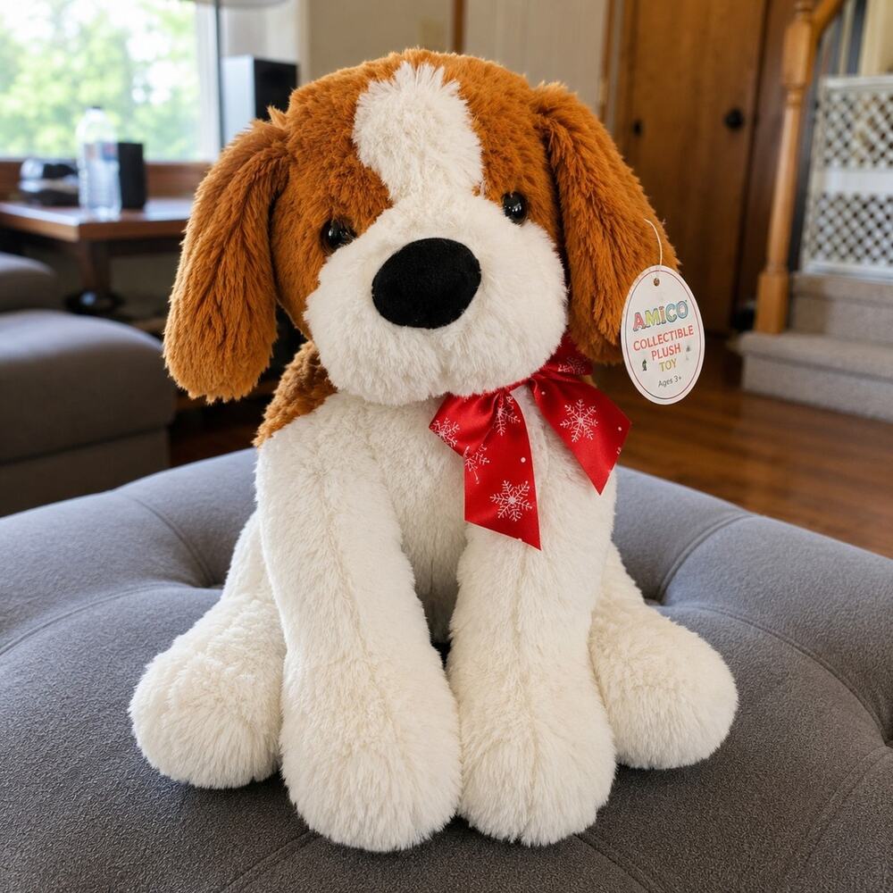 Amico Collectible Plush Dog Brown White Christmas Snowflake Bow Stuffed Puppy